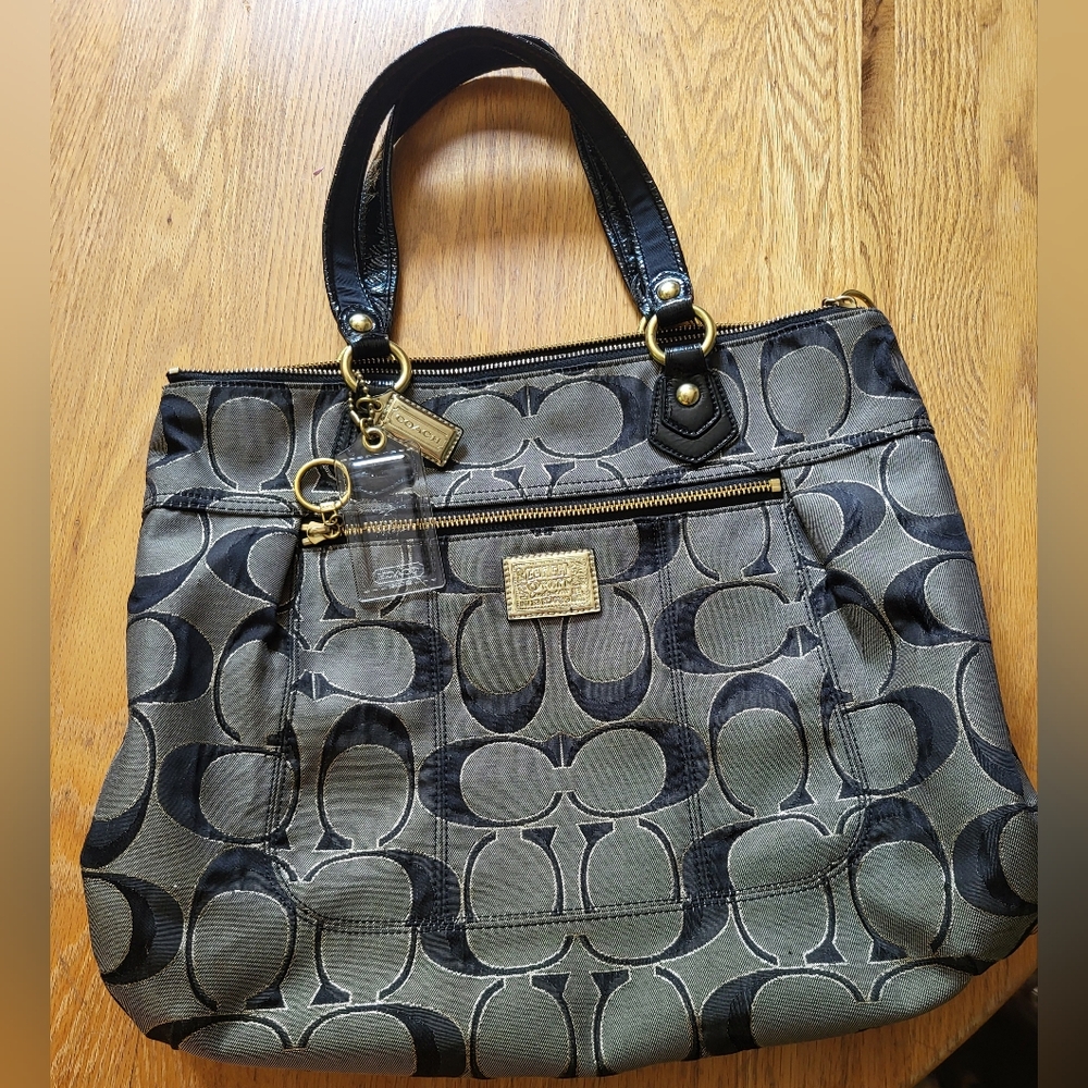 Coach Black and Gray Signature Shoulder Bag With Gold Trim